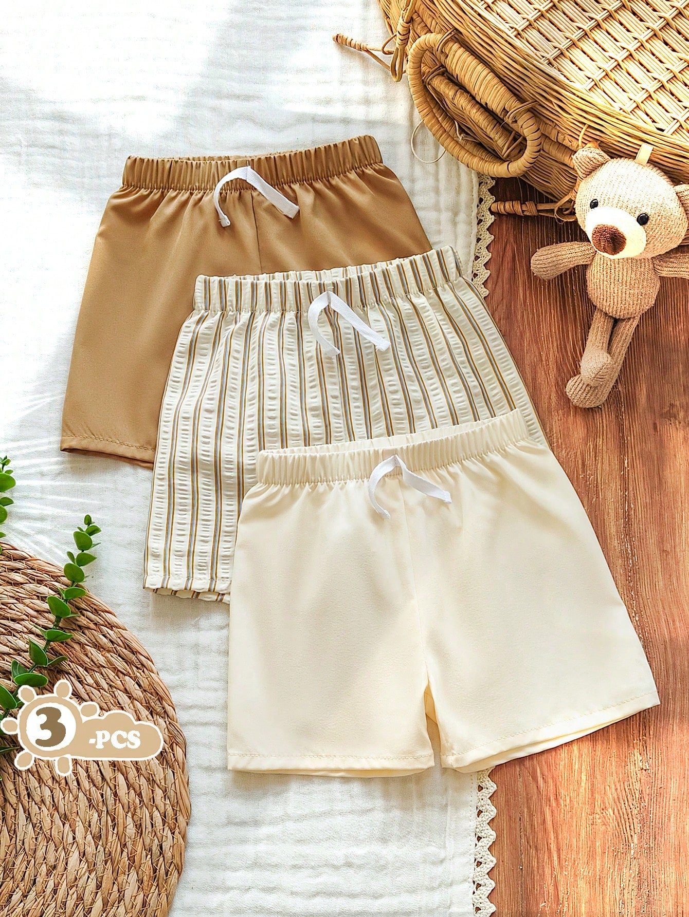 Vintaside Kids 3pcs Toddler Casual Shorts Set,Khaki Solid,Light Brown Striped Pattern & Pure White Straight Leg Drawstring Shorts,Soft & Clean Suitable For Summer