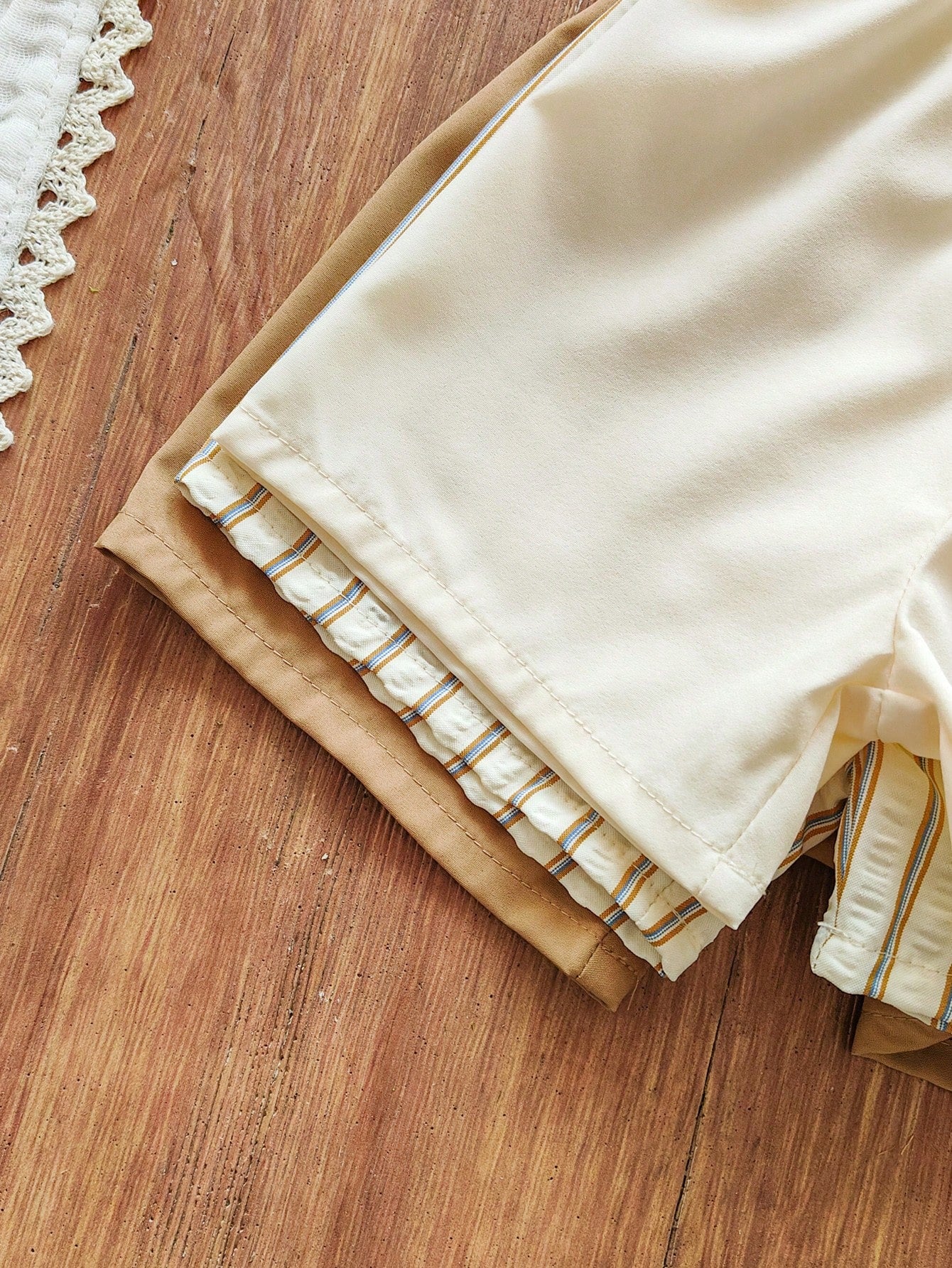 Vintaside Kids 3pcs Toddler Casual Shorts Set,Khaki Solid,Light Brown Striped Pattern & Pure White Straight Leg Drawstring Shorts,Soft & Clean Suitable For Summer