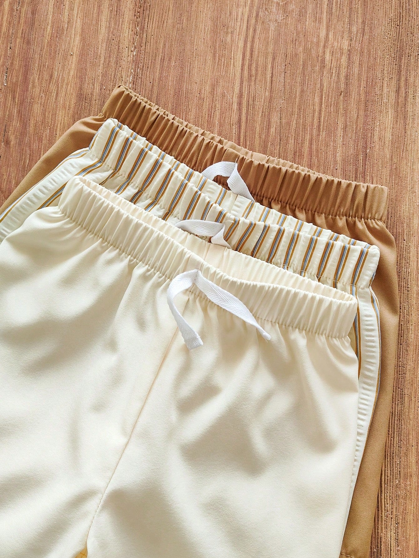 Vintaside Kids 3pcs Toddler Casual Shorts Set,Khaki Solid,Light Brown Striped Pattern & Pure White Straight Leg Drawstring Shorts,Soft & Clean Suitable For Summer