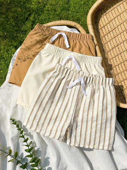 Vintaside Kids 3pcs Toddler Casual Shorts Set,Khaki Solid,Light Brown Striped Pattern & Pure White Straight Leg Drawstring Shorts,Soft & Clean Suitable For Summer