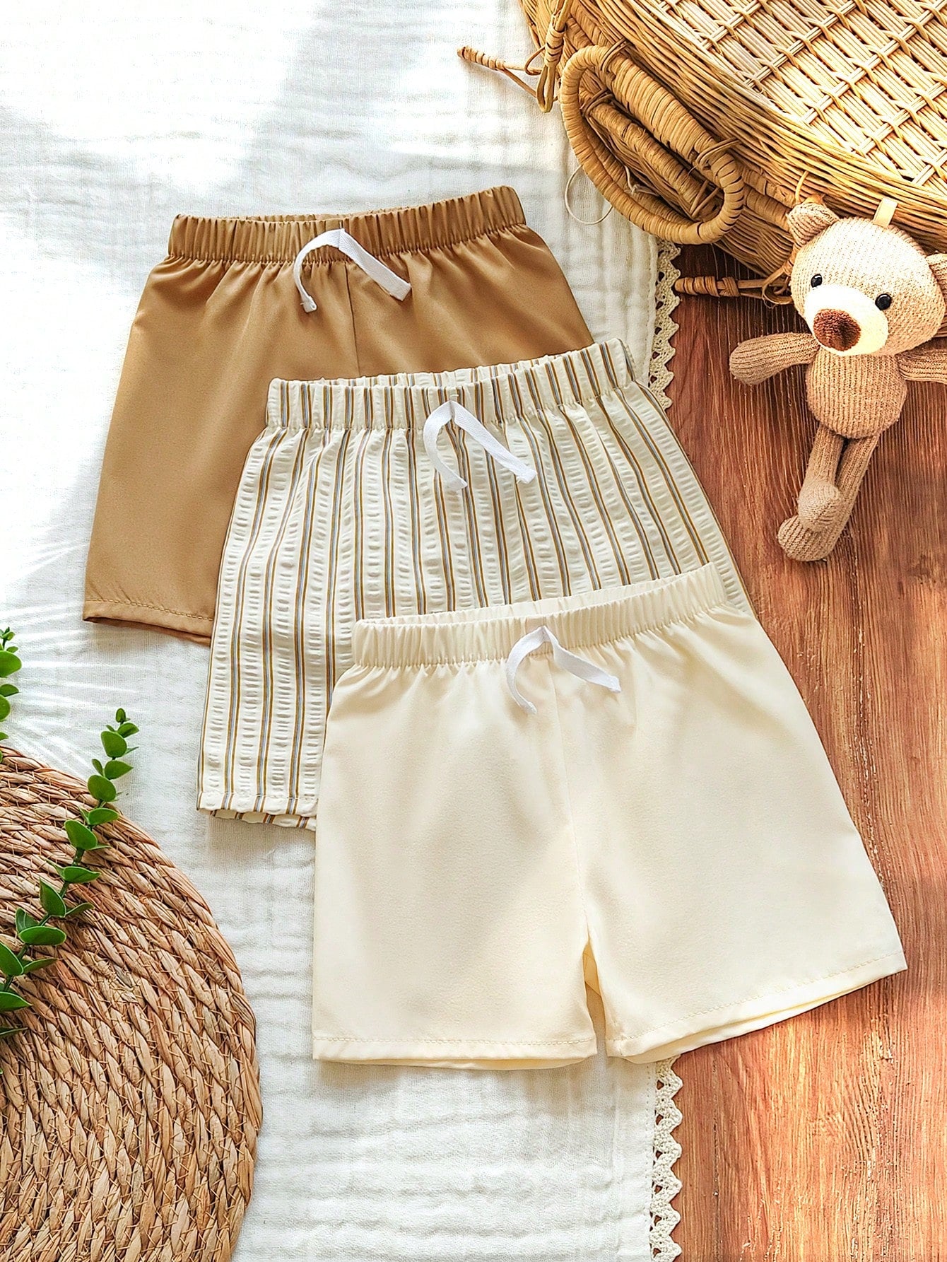 Vintaside Kids 3pcs Toddler Casual Shorts Set,Khaki Solid,Light Brown Striped Pattern & Pure White Straight Leg Drawstring Shorts,Soft & Clean Suitable For Summer