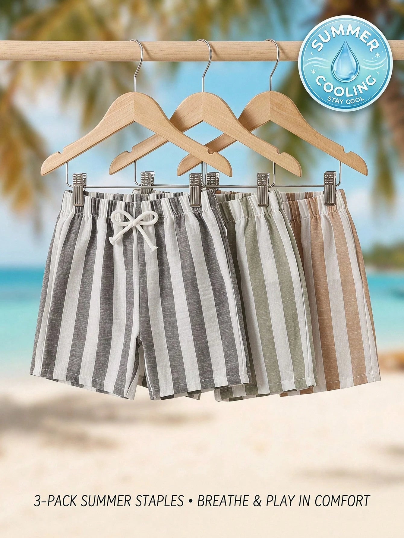 Vintaside Kids 3pcs Toddler Casual Shorts Set,Khaki Solid,Light Brown Striped Pattern & Pure White Straight Leg Drawstring Shorts,Soft & Clean Suitable For Summer