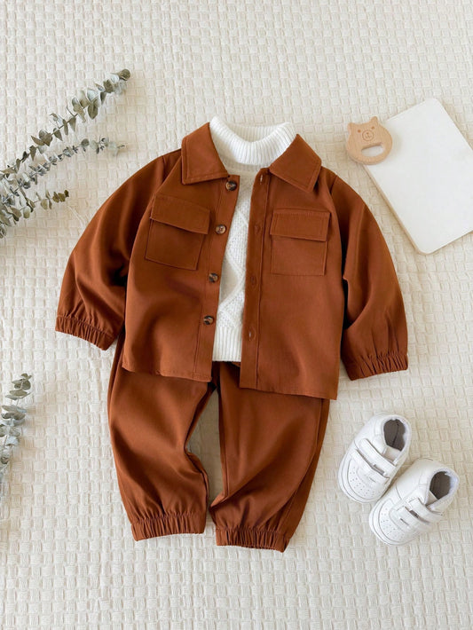 Vintaside Kids Baby Boy Infant Boy Autumn Long Sleeve Turn-Down Collar Fashion Minimalist Shirt With Simple Casual Versatile Long Cuffed Pants Set, Suitable For Outings, Shopping, Park Walks, Ki