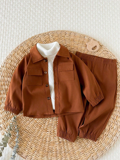 Vintaside Kids Baby Boy Infant Boy Autumn Long Sleeve Turn-Down Collar Fashion Minimalist Shirt With Simple Casual Versatile Long Cuffed Pants Set, Suitable For Outings, Shopping, Park Walks, Ki