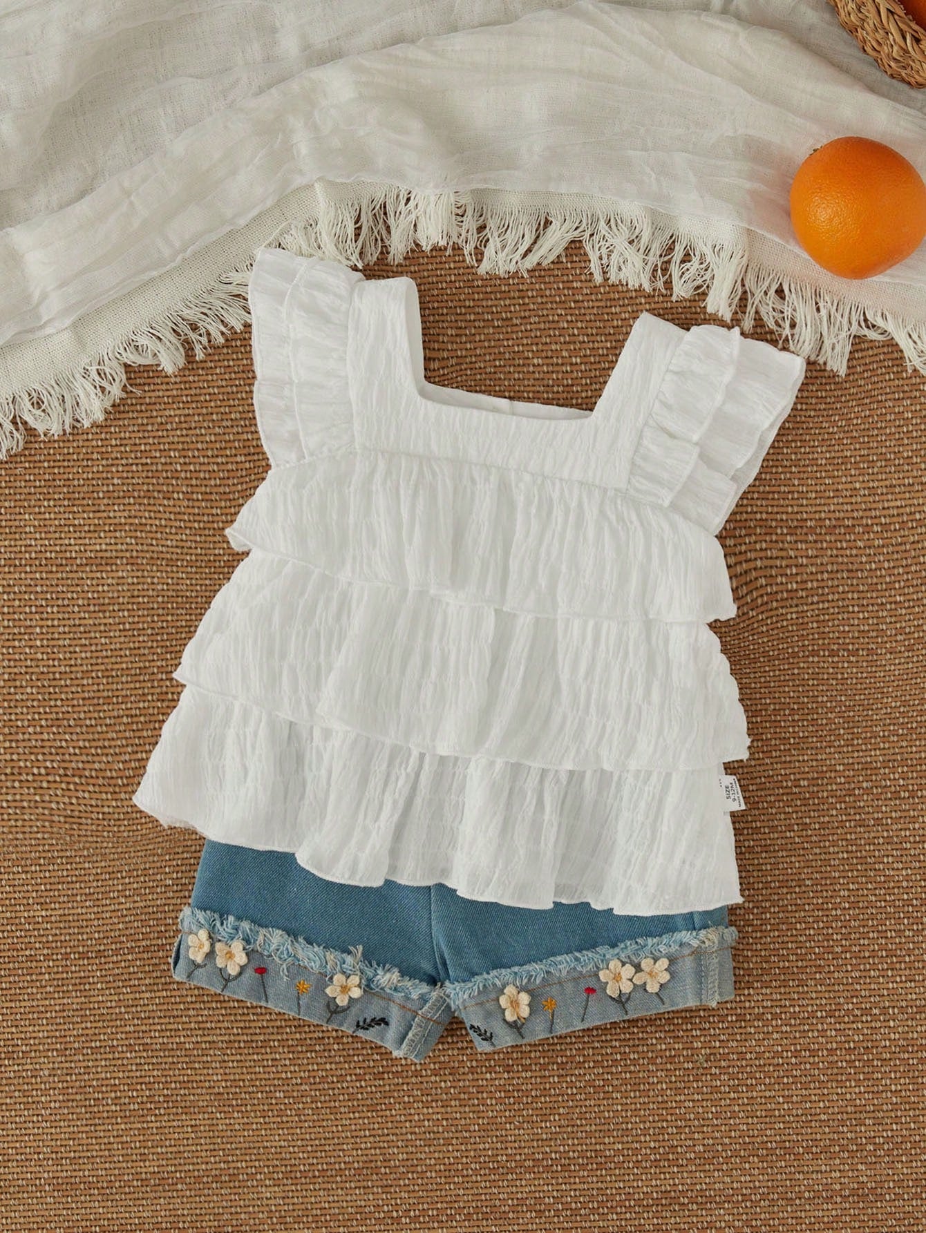 Vintaside Kids Baby Girl Holiday Casual Solid Color Ruffle Trim Shirt And Small Flower Embroidered Denim Shorts Set