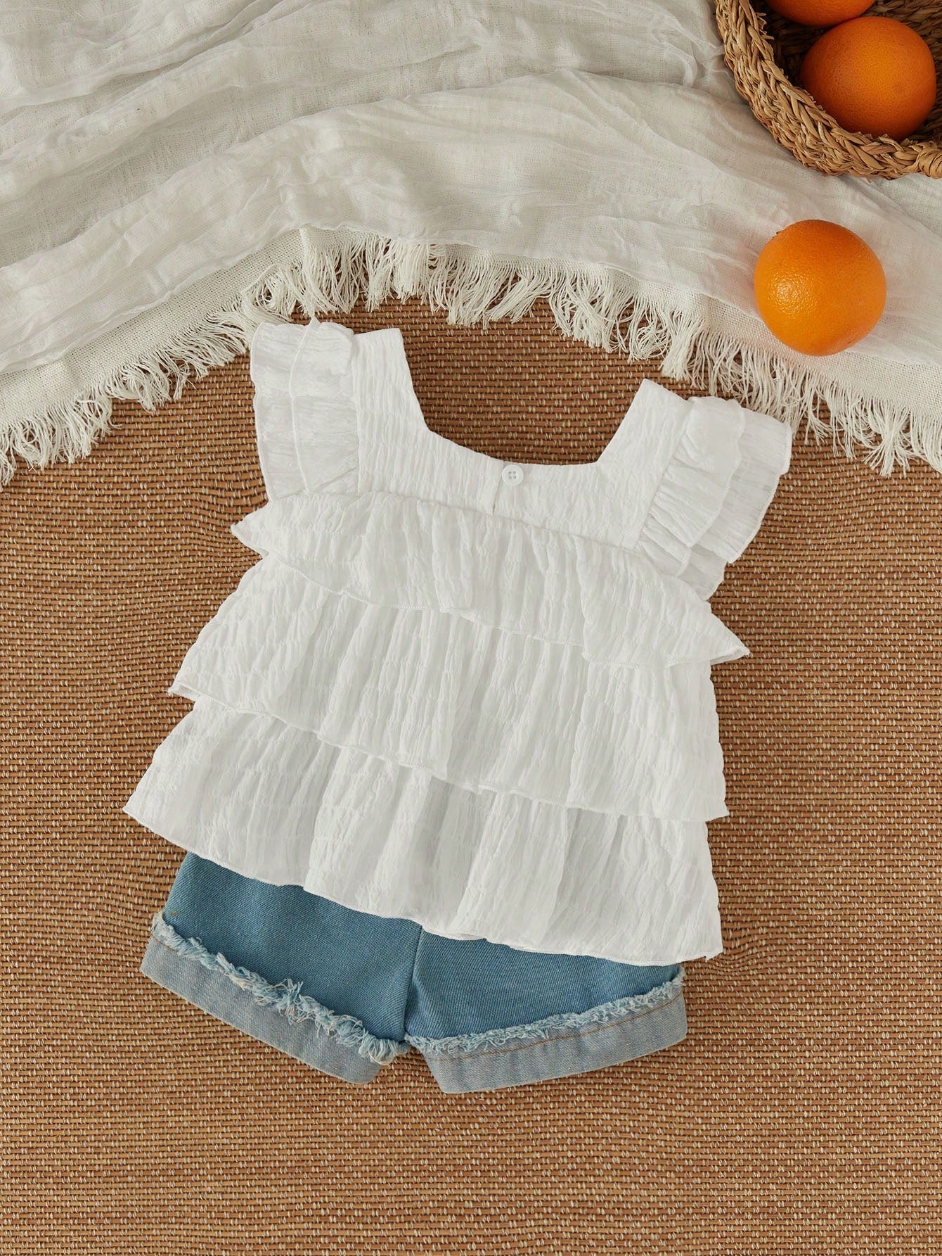 Vintaside Kids Baby Girl Holiday Casual Solid Color Ruffle Trim Shirt And Small Flower Embroidered Denim Shorts Set