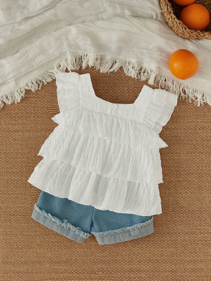 Vintaside Kids Baby Girl Holiday Casual Solid Color Ruffle Trim Shirt And Small Flower Embroidered Denim Shorts Set