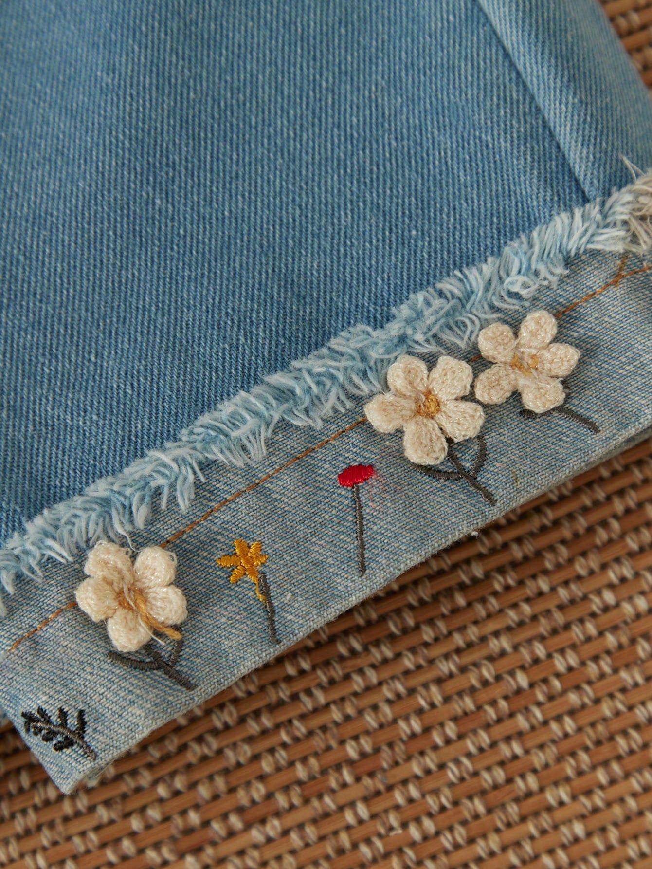 Vintaside Kids Baby Girl Holiday Casual Solid Color Ruffle Trim Shirt And Small Flower Embroidered Denim Shorts Set