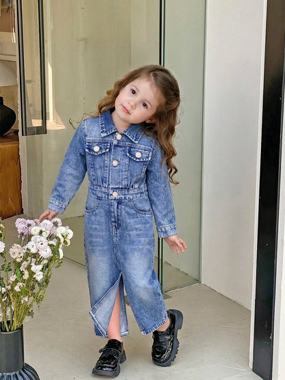 Vintaside Kids Baby Girls' Denim Dress,Blue Slit Hem Casual Denim,Autumn New Arrival Chic Versatile For School,Party,Vacation,Daily Wear,Home Fall Winter