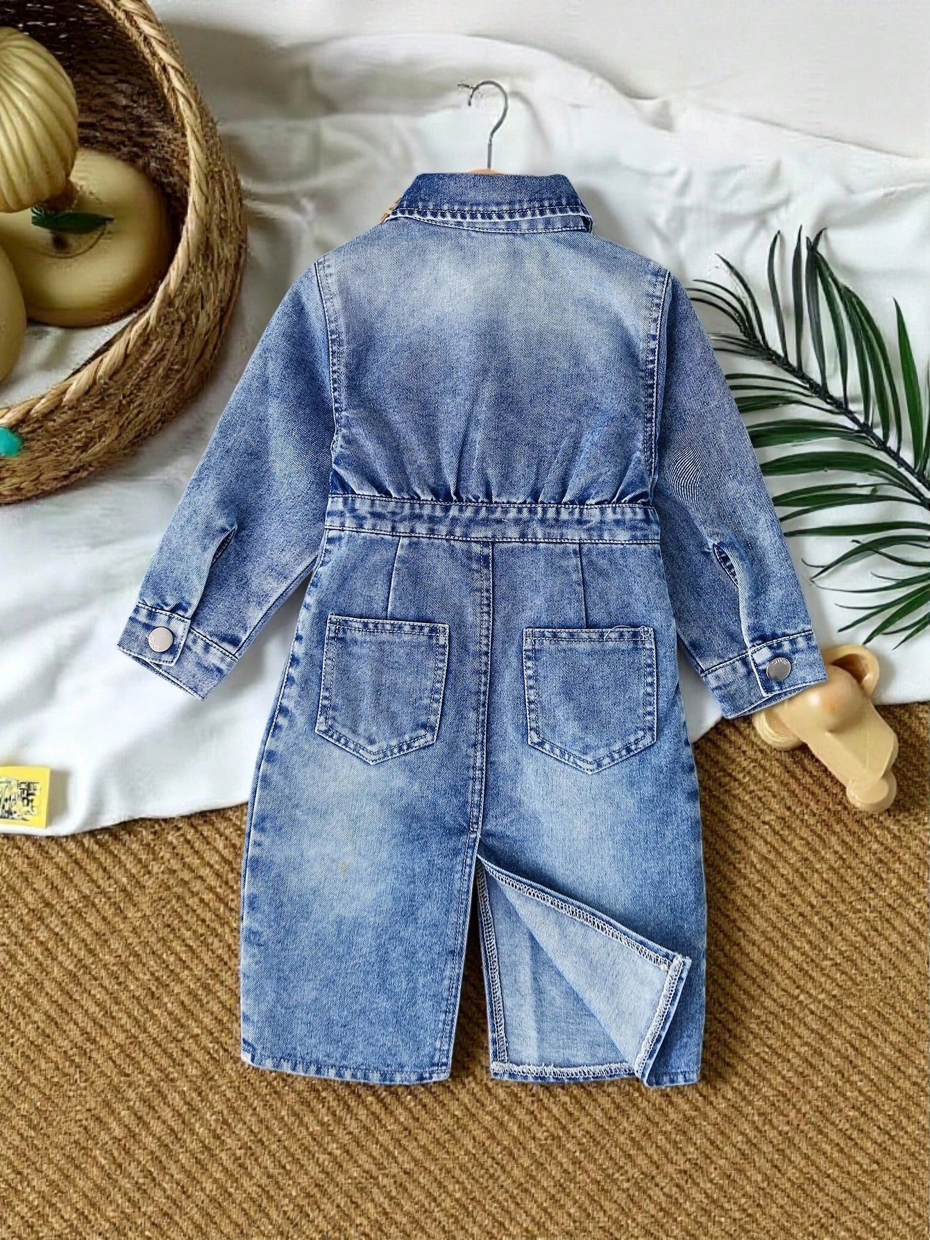 Vintaside Kids Baby Girls' Denim Dress,Blue Slit Hem Casual Denim,Autumn New Arrival Chic Versatile For School,Party,Vacation,Daily Wear,Home Fall Winter