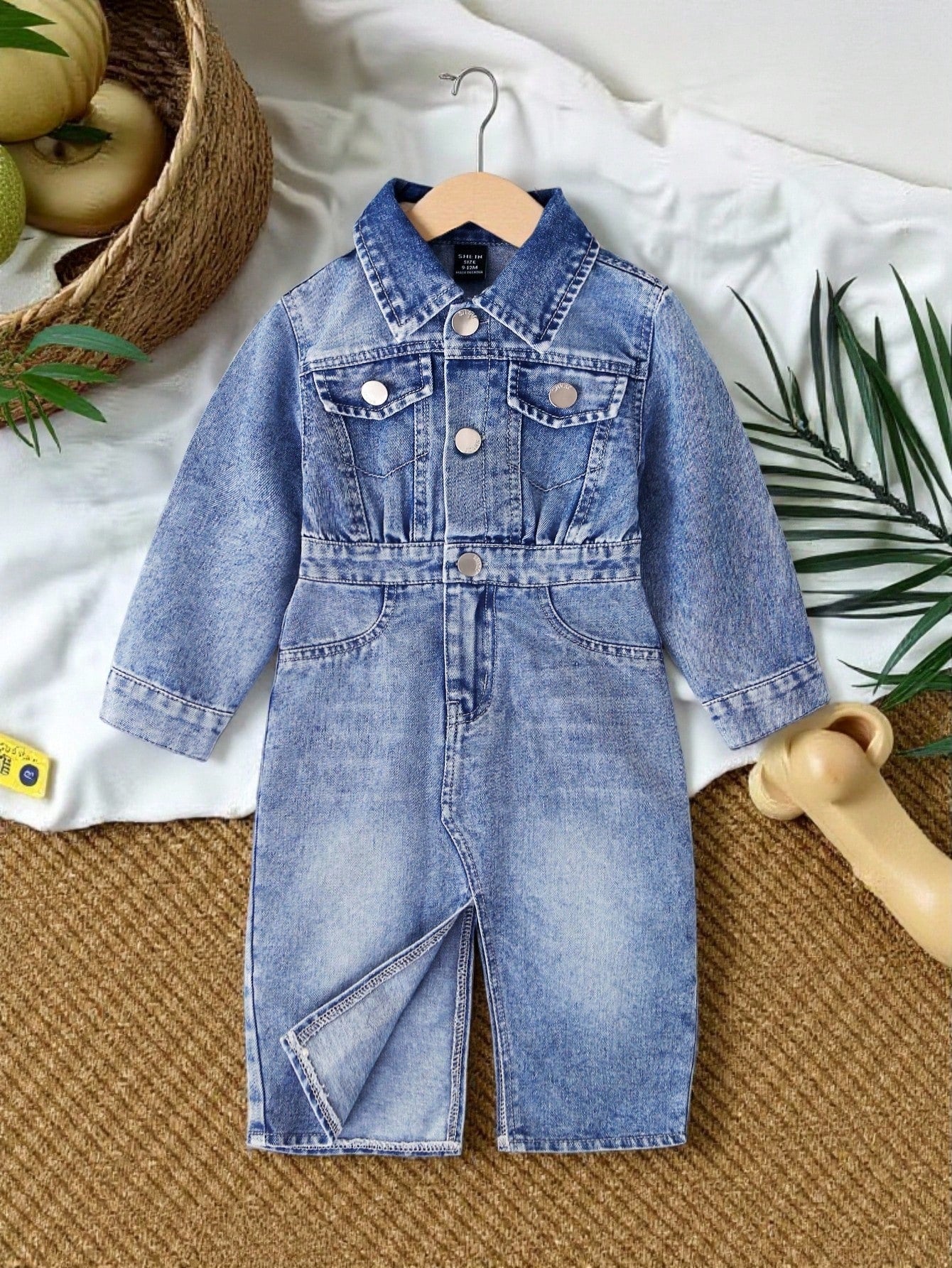Vintaside Kids Baby Girls' Denim Dress,Blue Slit Hem Casual Denim,Autumn New Arrival Chic Versatile For School,Party,Vacation,Daily Wear,Home Fall Winter