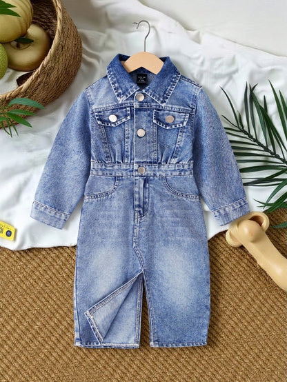 Vintaside Kids Baby Girls' Denim Dress,Blue Slit Hem Casual Denim,Autumn New Arrival Chic Versatile For School,Party,Vacation,Daily Wear,Home Fall Winter