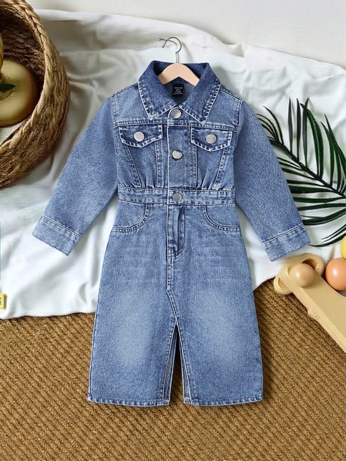 Vintaside Kids Baby Girls' Denim Dress,Blue Slit Hem Casual Denim,Autumn New Arrival Chic Versatile For School,Party,Vacation,Daily Wear,Home Fall Winter