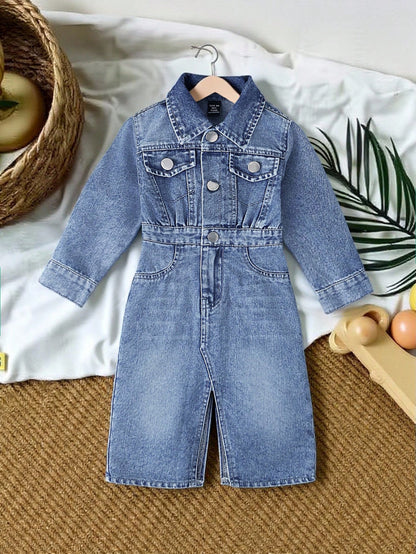 Vintaside Kids Baby Girls' Denim Dress,Blue Slit Hem Casual Denim,Autumn New Arrival Chic Versatile For School,Party,Vacation,Daily Wear,Home Fall Winter