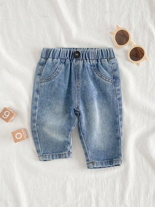 Vintaside Kids Countryside Style Newborn Baby Denim Pants,Classic Washed Blue Loose Fit Jeans With Full Elastic Waistband,Fake Pockets,Vintage Front Button Closure