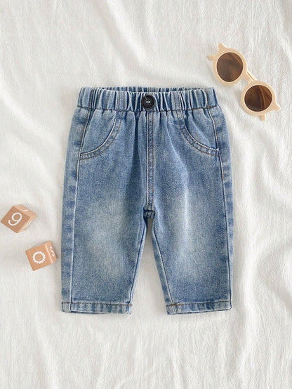 Vintaside Kids Countryside Style Newborn Baby Denim Pants,Classic Washed Blue Loose Fit Jeans With Full Elastic Waistband,Fake Pockets,Vintage Front Button Closure