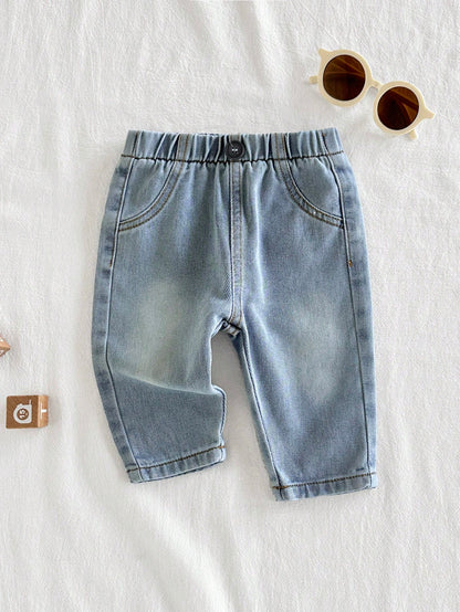 Vintaside Kids Countryside Style Newborn Baby Denim Pants,Classic Washed Blue Loose Fit Jeans With Full Elastic Waistband,Fake Pockets,Vintage Front Button Closure