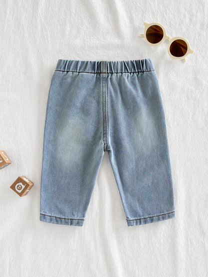 Vintaside Kids Countryside Style Newborn Baby Denim Pants,Classic Washed Blue Loose Fit Jeans With Full Elastic Waistband,Fake Pockets,Vintage Front Button Closure