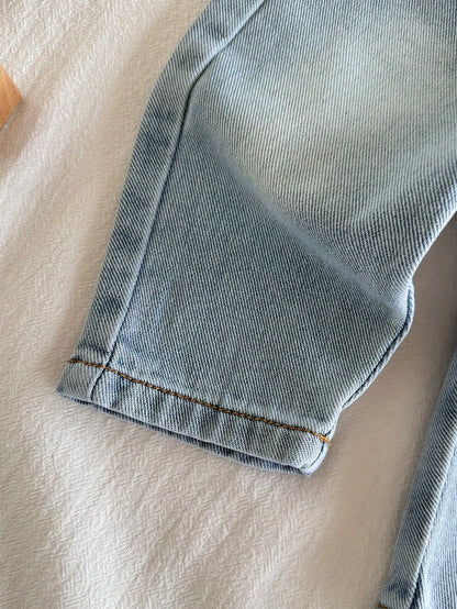 Vintaside Kids Countryside Style Newborn Baby Denim Pants,Classic Washed Blue Loose Fit Jeans With Full Elastic Waistband,Fake Pockets,Vintage Front Button Closure