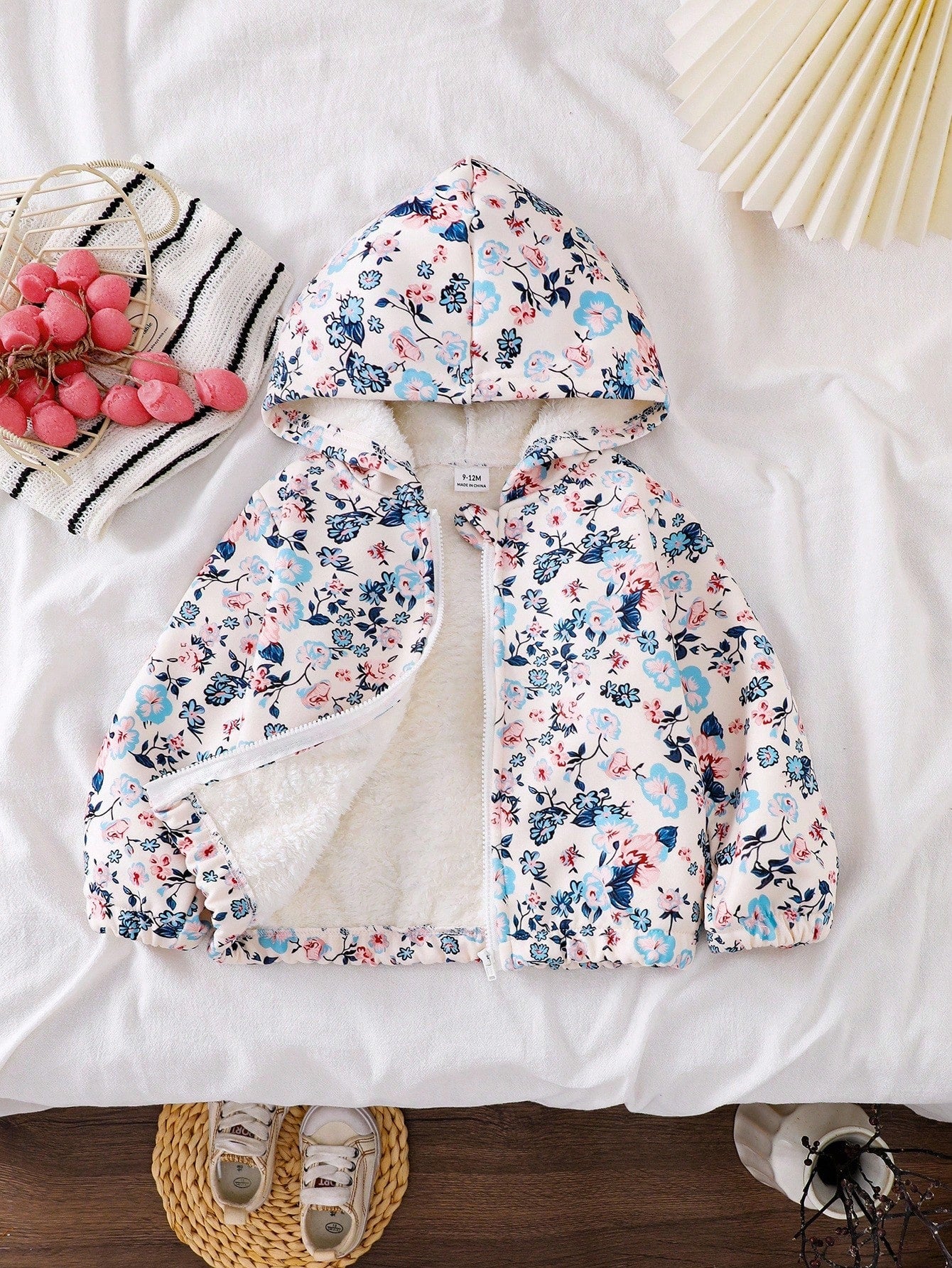 Vintaside Kids Toddler Girls' Floral Print Long Sleeve Fuzzy Warm Jacket, Comfortable Casual Zipper Front Cardigan Sweater For Winter Fall