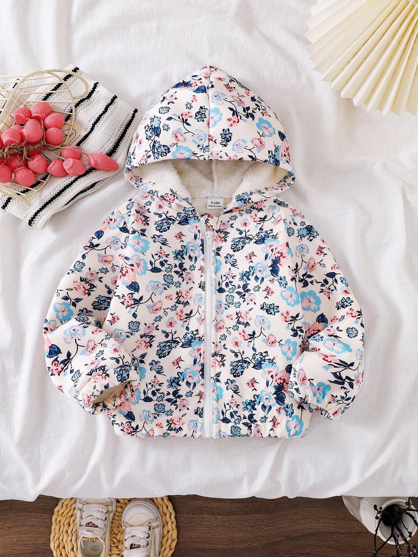 Vintaside Kids Toddler Girls' Floral Print Long Sleeve Fuzzy Warm Jacket, Comfortable Casual Zipper Front Cardigan Sweater For Winter Fall