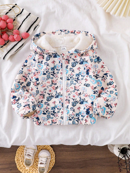 Vintaside Kids Toddler Girls' Floral Print Long Sleeve Fuzzy Warm Jacket, Comfortable Casual Zipper Front Cardigan Sweater For Winter Fall