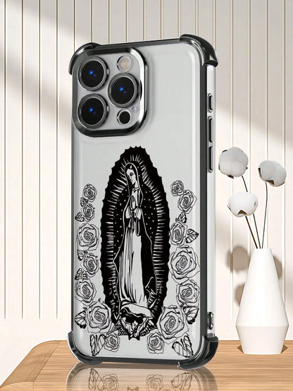Virgin Mary Rose Line Art Phone Case Religious Faith Style Design Women's Elegant Vintage Fashion Cover Transparent Shell, Compatible With IPhone 17/16/15/14/13/12/11/XS, Waterproof Shockproof Scratch