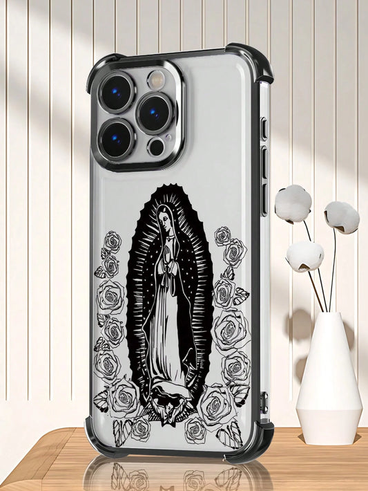 Virgin Mary Rose Line Art Phone Case Religious Faith Style Design Women's Elegant Vintage Fashion Cover Transparent Shell, Compatible With IPhone 17/16/15/14/13/12/11/XS, Waterproof Shockproof Scratch