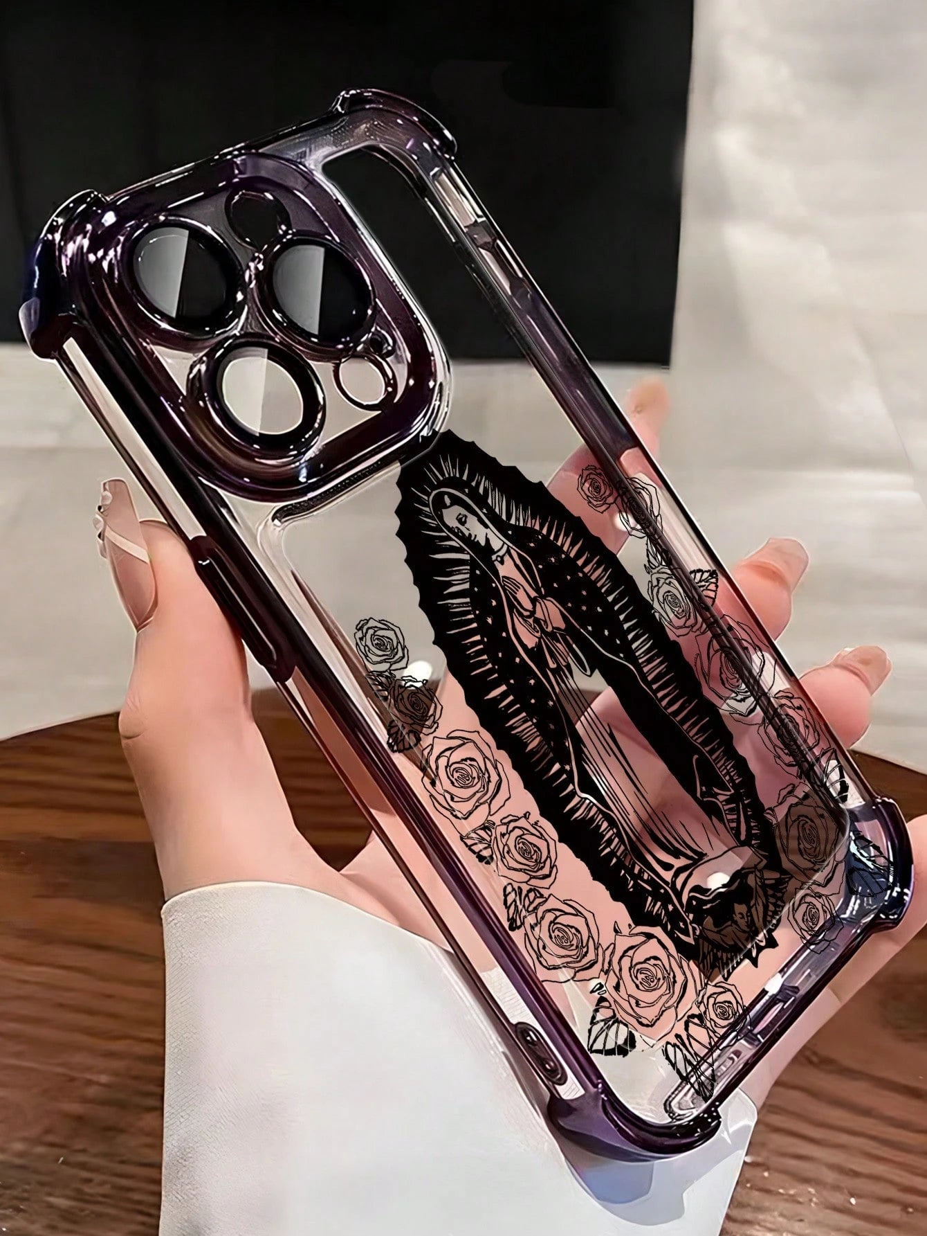Virgin Mary Rose Line Art Phone Case Religious Faith Style Design Women's Elegant Vintage Fashion Cover Transparent Shell, Compatible With IPhone 17/16/15/14/13/12/11/XS, Waterproof Shockproof Scratch
