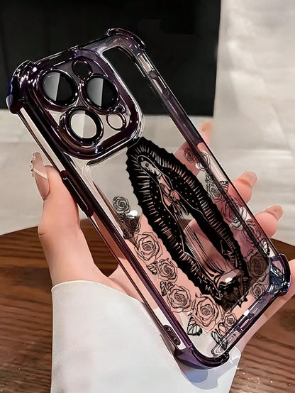Virgin Mary Rose Line Art Phone Case Religious Faith Style Design Women's Elegant Vintage Fashion Cover Transparent Shell, Compatible With IPhone 17/16/15/14/13/12/11/XS, Waterproof Shockproof Scratch