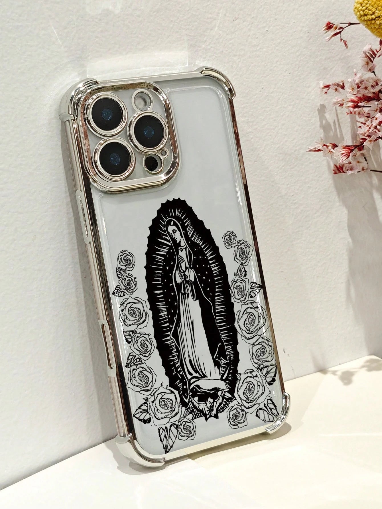 Virgin Mary Rose Line Art Phone Case Religious Faith Style Design Women's Elegant Vintage Fashion Cover Transparent Shell, Compatible With IPhone 17/16/15/14/13/12/11/XS, Waterproof Shockproof Scratch