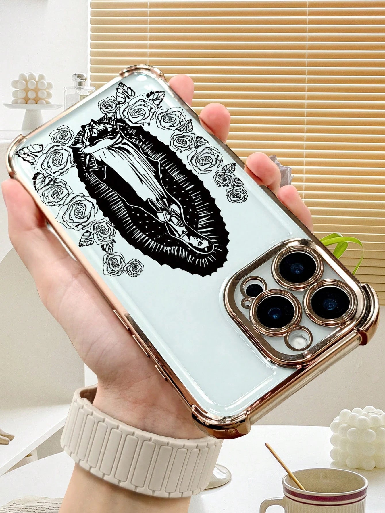 Virgin Mary Rose Line Art Phone Case Religious Faith Style Design Women's Elegant Vintage Fashion Cover Transparent Shell, Compatible With IPhone 17/16/15/14/13/12/11/XS, Waterproof Shockproof Scratch