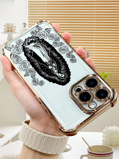 Virgin Mary Rose Line Art Phone Case Religious Faith Style Design Women's Elegant Vintage Fashion Cover Transparent Shell, Compatible With IPhone 17/16/15/14/13/12/11/XS, Waterproof Shockproof Scratch
