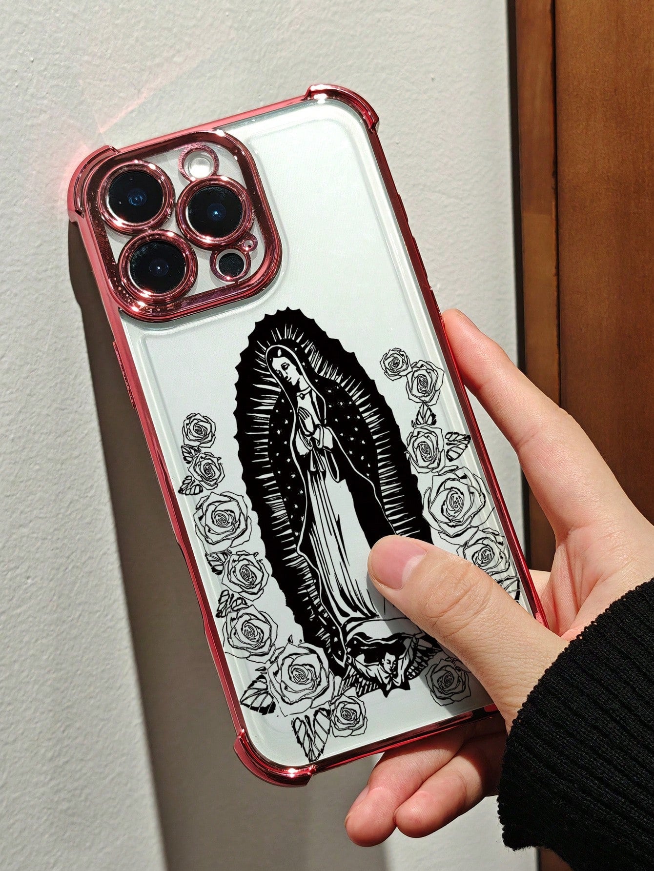 Virgin Mary Rose Line Art Phone Case Religious Faith Style Design Women's Elegant Vintage Fashion Cover Transparent Shell, Compatible With IPhone 17/16/15/14/13/12/11/XS, Waterproof Shockproof Scratch