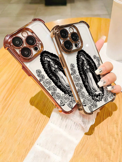 Virgin Mary Rose Line Art Phone Case Religious Faith Style Design Women's Elegant Vintage Fashion Cover Transparent Shell, Compatible With IPhone 17/16/15/14/13/12/11/XS, Waterproof Shockproof Scratch