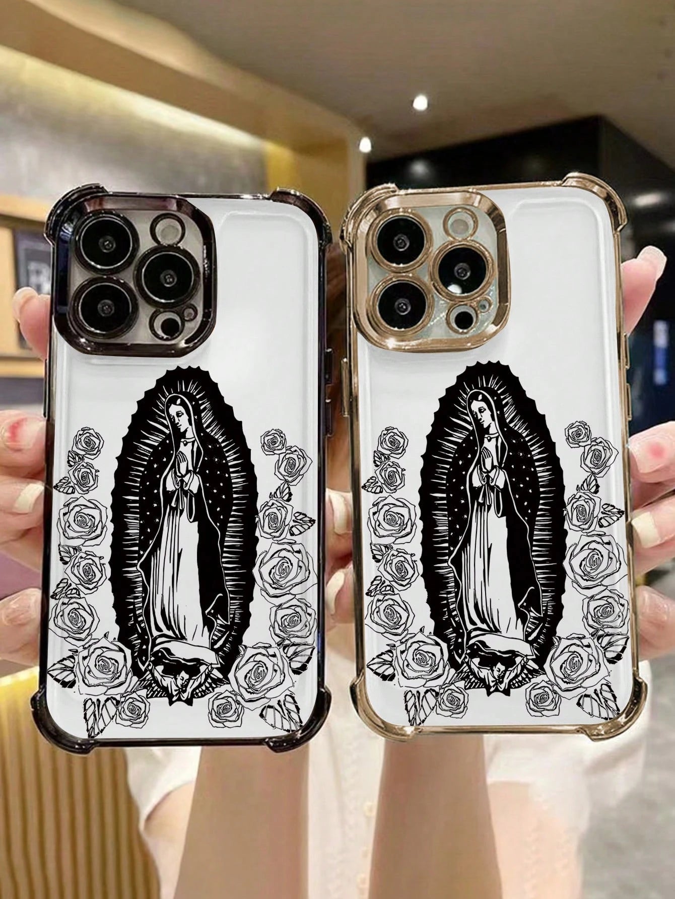 Virgin Mary Rose Line Art Phone Case Religious Faith Style Design Women's Elegant Vintage Fashion Cover Transparent Shell, Compatible With IPhone 17/16/15/14/13/12/11/XS, Waterproof Shockproof Scratch