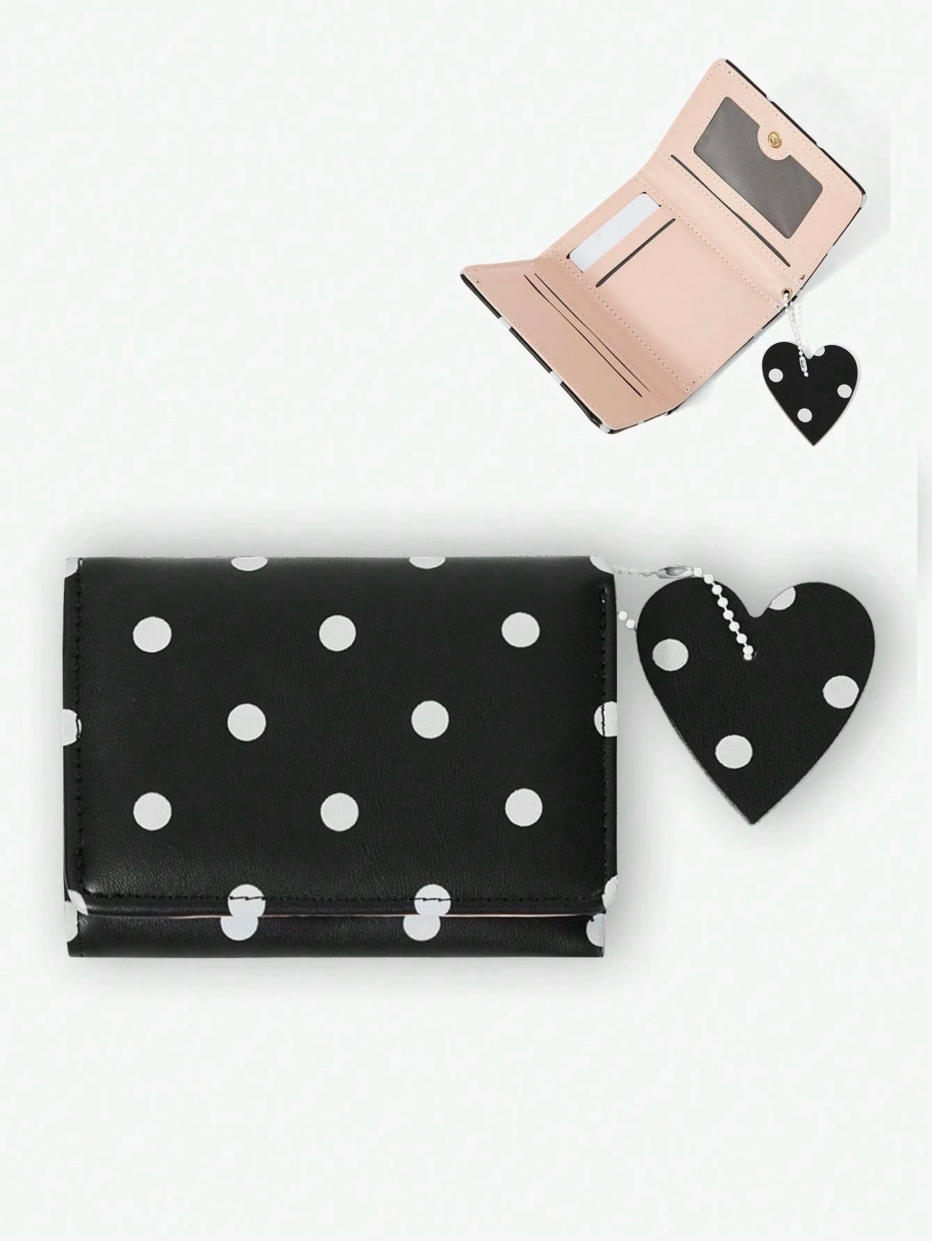 Viva Strut Women's Fashionable Simple Sweet Retro Black And White Polka Dot Heart Pendant Decorative Short Wallet