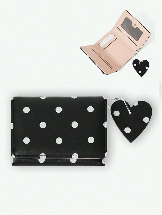 Viva Strut Women's Fashionable Simple Sweet Retro Black And White Polka Dot Heart Pendant Decorative Short Wallet