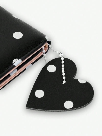 Viva Strut Women's Fashionable Simple Sweet Retro Black And White Polka Dot Heart Pendant Decorative Short Wallet