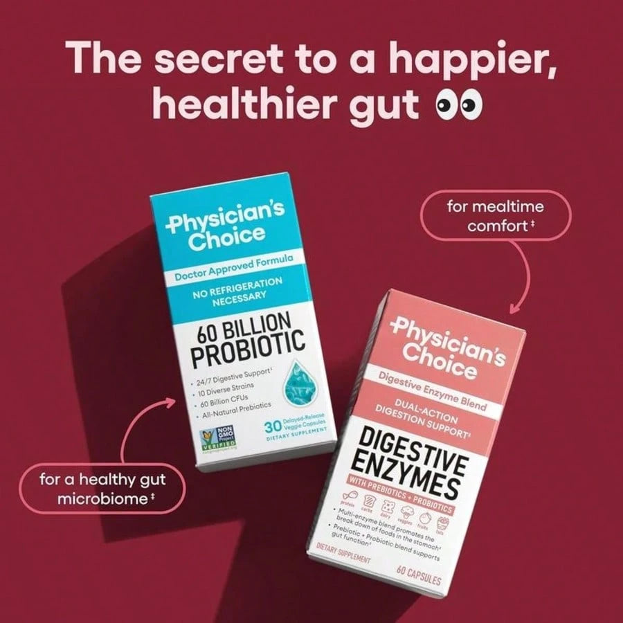 VPOAJ Physician's CHOICE Digestive Enzymes- Multi Enzymes, Bromelain, Organic Prebiotics & Probiotics For Digestive Health & Gut Health- Bloating & Meal Time Discomfort- Dual Action- All Diets- 3