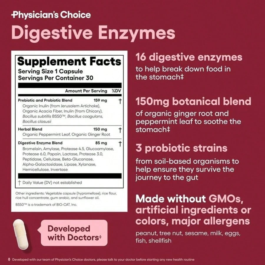 VPOAJ Physician's CHOICE Digestive Enzymes- Multi Enzymes, Bromelain, Organic Prebiotics & Probiotics For Digestive Health & Gut Health- Bloating & Meal Time Discomfort- Dual Action- All Diets- 3
