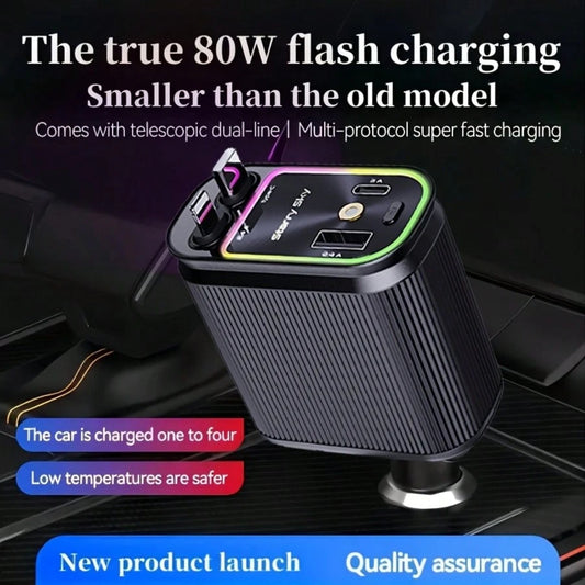 W&O 2025 Latest 4-In-1 Retractable Fast Car Charger With Star Projector, Flexible Car Light Decor,66W High-Speed Charging, 31.5 Inch Long Cable, 2 USB Ports, Compatible With IOS 15/14/13/12/11, Galaxy