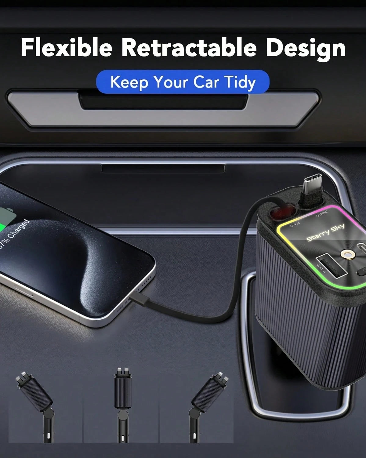 W&O 2025 Latest 4-In-1 Retractable Fast Car Charger With Star Projector, Flexible Car Light Decor,66W High-Speed Charging, 31.5 Inch Long Cable, 2 USB Ports, Compatible With IOS 15/14/13/12/11, Galaxy