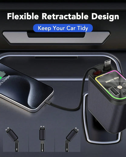 W&O 2025 Latest 4-In-1 Retractable Fast Car Charger With Star Projector, Flexible Car Light Decor,66W High-Speed Charging, 31.5 Inch Long Cable, 2 USB Ports, Compatible With IOS 15/14/13/12/11, Galaxy