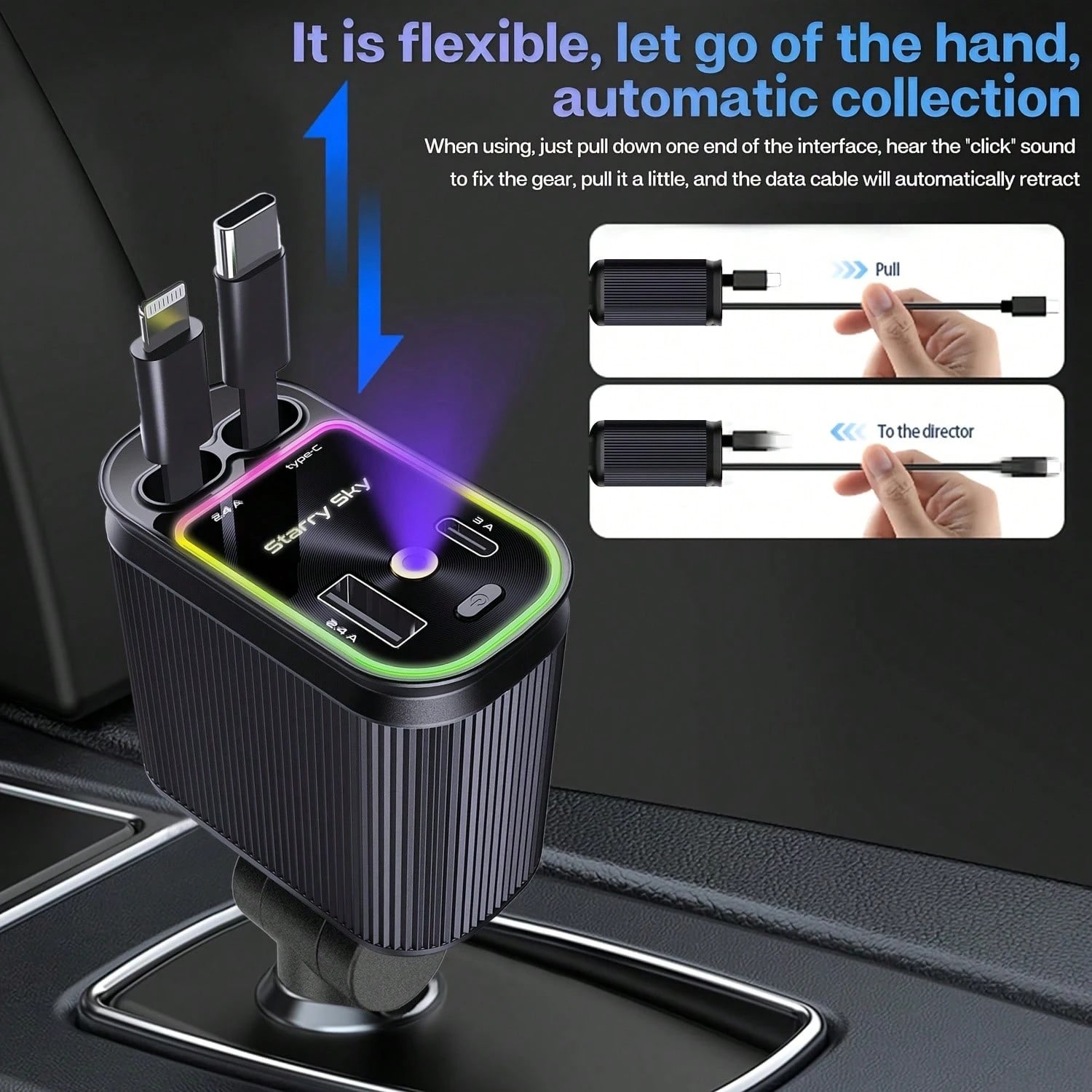 W&O 2025 Latest 4-In-1 Retractable Fast Car Charger With Star Projector, Flexible Car Light Decor,66W High-Speed Charging, 31.5 Inch Long Cable, 2 USB Ports, Compatible With IOS 15/14/13/12/11, Galaxy