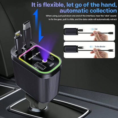 W&O 2025 Latest 4-In-1 Retractable Fast Car Charger With Star Projector, Flexible Car Light Decor,66W High-Speed Charging, 31.5 Inch Long Cable, 2 USB Ports, Compatible With IOS 15/14/13/12/11, Galaxy