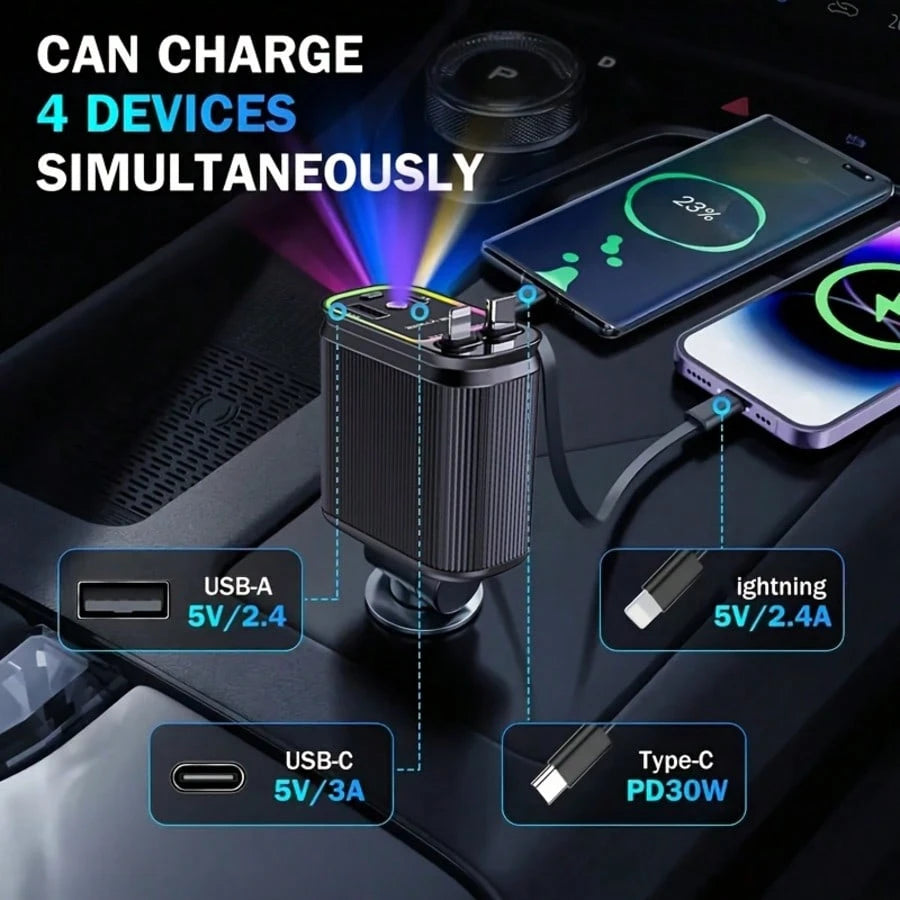 W&O 2025 Latest 4-In-1 Retractable Fast Car Charger With Star Projector, Flexible Car Light Decor,66W High-Speed Charging, 31.5 Inch Long Cable, 2 USB Ports, Compatible With IOS 15/14/13/12/11, Galaxy