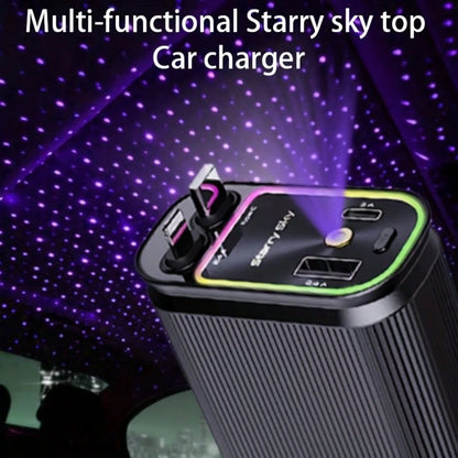 W&O 2025 Latest 4-In-1 Retractable Fast Car Charger With Star Projector, Flexible Car Light Decor,66W High-Speed Charging, 31.5 Inch Long Cable, 2 USB Ports, Compatible With IOS 15/14/13/12/11, Galaxy