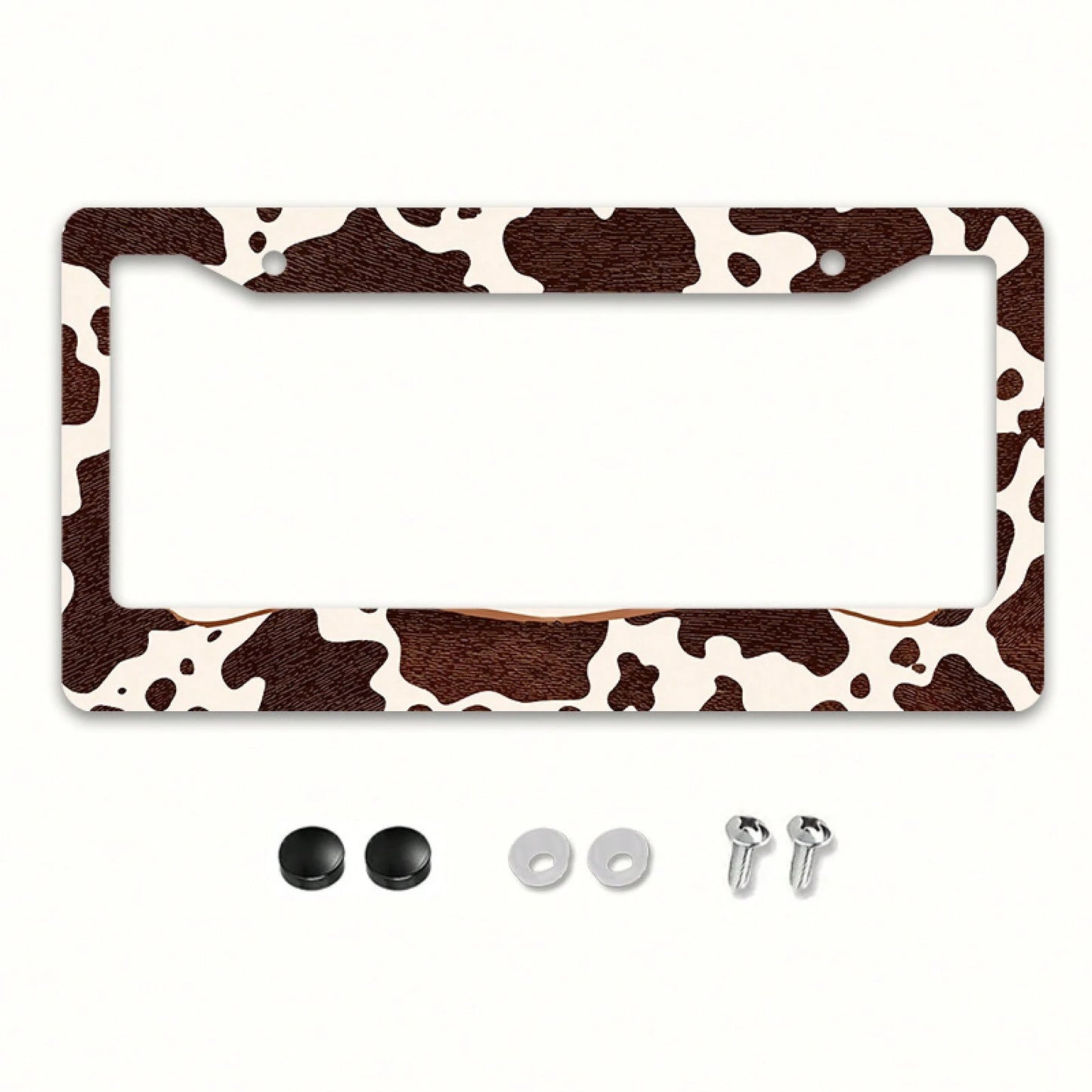 Western Cow Pattern License Plate Frame, Brown And White Cowhide Texture, Aluminum Alloy Material, Suitable For US And International Vehicle Models 12x6inch Includes Screws, Compatible With Most Inter
