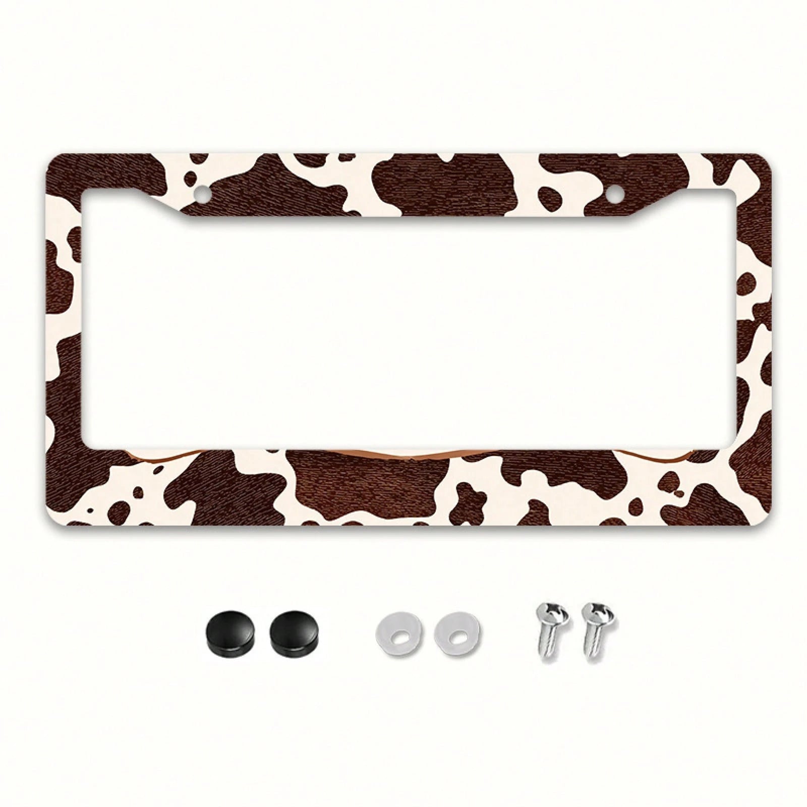 Western Cow Pattern License Plate Frame, Brown And White Cowhide Texture, Aluminum Alloy Material, Suitable For US And International Vehicle Models 12x6inch Includes Screws, Compatible With Most Inter
